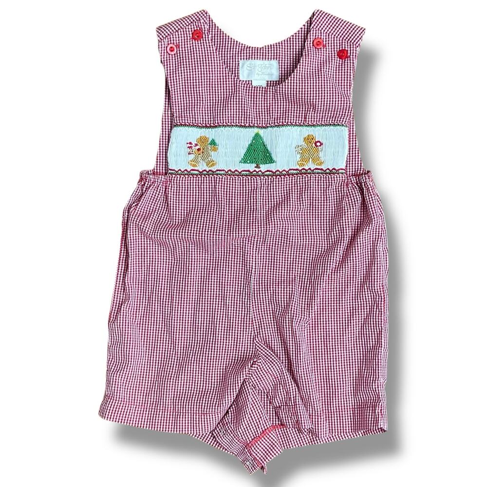 Sir John Baby Christmas Smocked Romper Red Gingham Gingerbread 18M